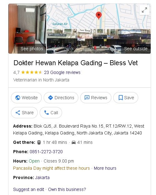 Google Review Bless Vet Clinic Kelapa Gading
